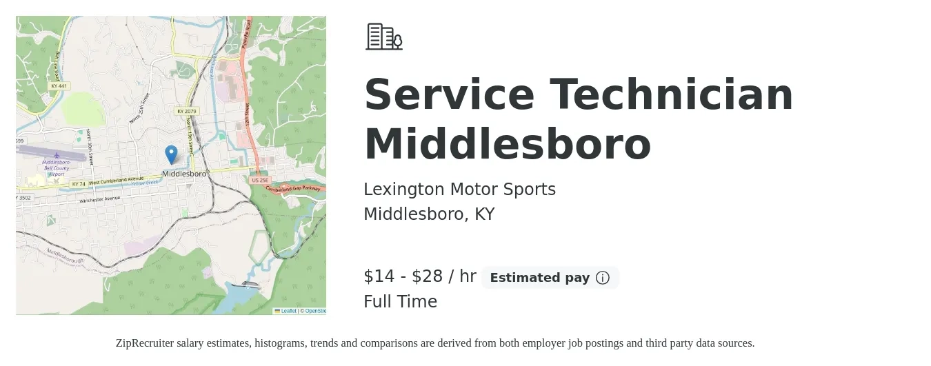 Lexington Motor Sports job posting for a Service Technician Middlesboro in Middlesboro, KY with a salary of $15 to $30 Hourly with a map of Middlesboro location.