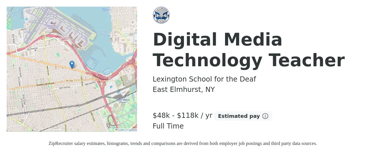 Lexington School for the Deaf job posting for a Digital Media Technology Teacher in East Elmhurst, NY with a salary of $48,211 to $118,978 Yearly with a map of East Elmhurst location.