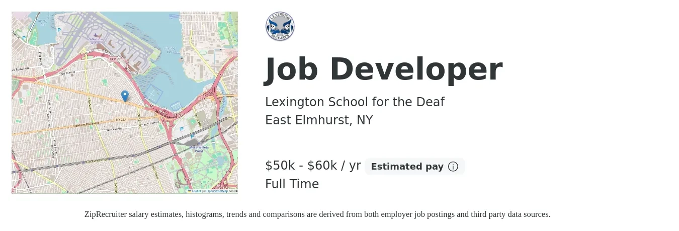 Lexington School for the Deaf job posting for a Job Developer in East Elmhurst, NY with a salary of $50,000 to $60,000 Yearly with a map of East Elmhurst location.