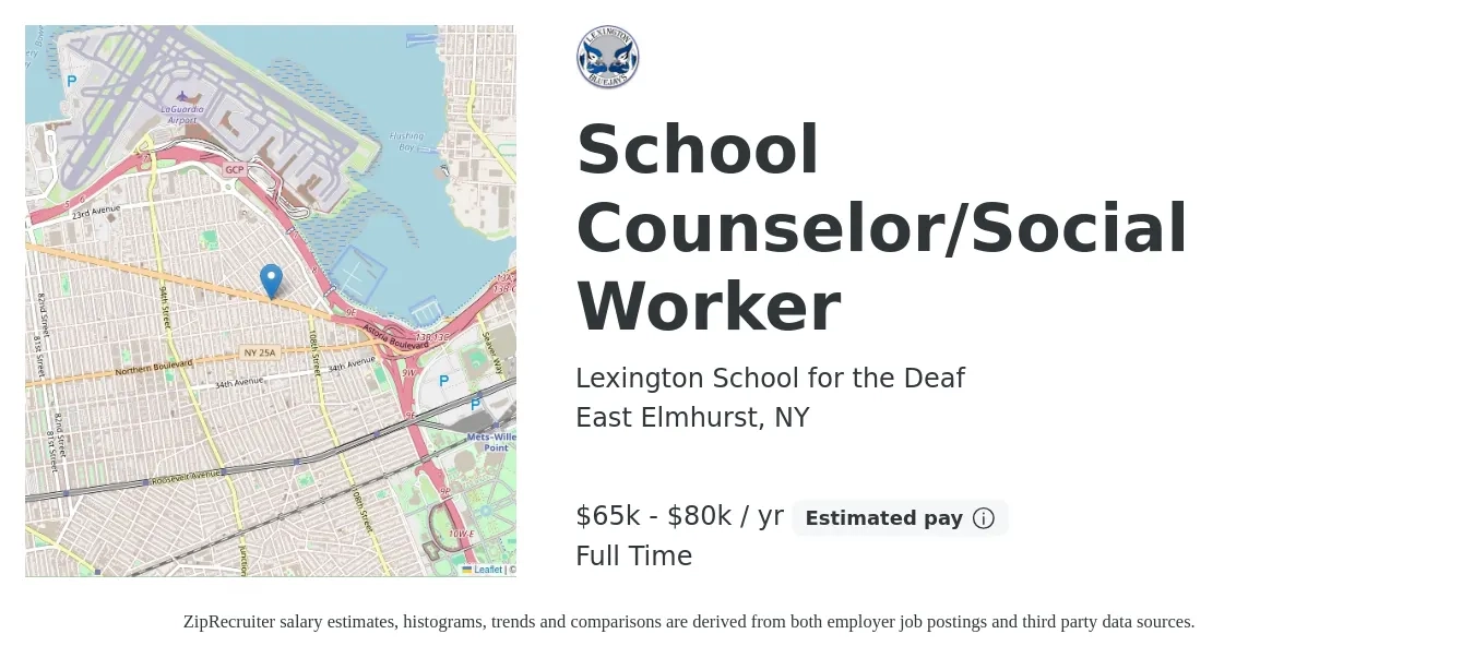 Lexington School for the Deaf job posting for a School Counselor/Social Worker in East Elmhurst, NY with a salary of $65,000 to $80,000 Yearly with a map of East Elmhurst location.