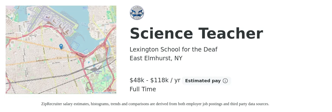 Lexington School for the Deaf job posting for a Science Teacher in East Elmhurst, NY with a salary of $48,211 to $118,978 Yearly with a map of East Elmhurst location.