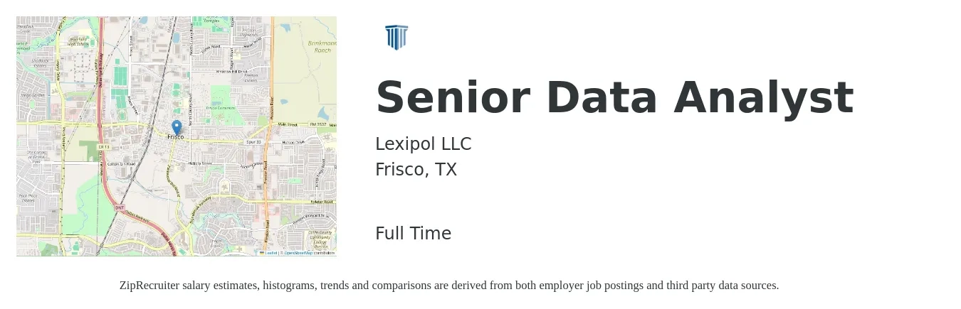 Lexipol LLC job posting for a Senior Data Analyst in Frisco, TX with a salary of $79,600 to $100,400 Yearly with a map of Frisco location.