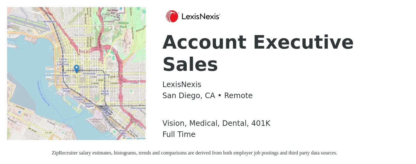 LexisNexis job posting for a Account Executive Sales in San Diego, CA with a salary of $56,800 to $89,200 Yearly and benefits including 401k, dental, life_insurance, medical, and vision with a map of San Diego location.