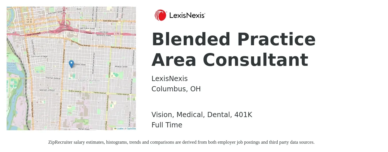 LexisNexis job posting for a Blended Practice Area Consultant in Columbus, OH and benefits including dental, life_insurance, medical, vision, and 401k with a map of Columbus location.