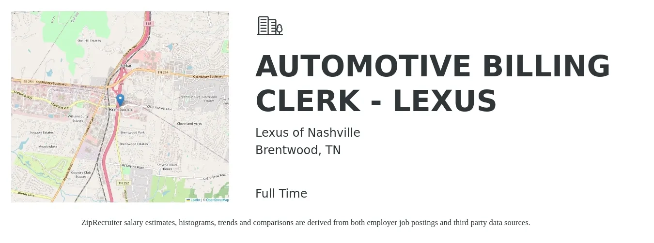 Lexus of Nashville job posting for a AUTOMOTIVE BILLING CLERK - LEXUS in Brentwood, TN with a salary of $17 to $22 Hourly with a map of Brentwood location.