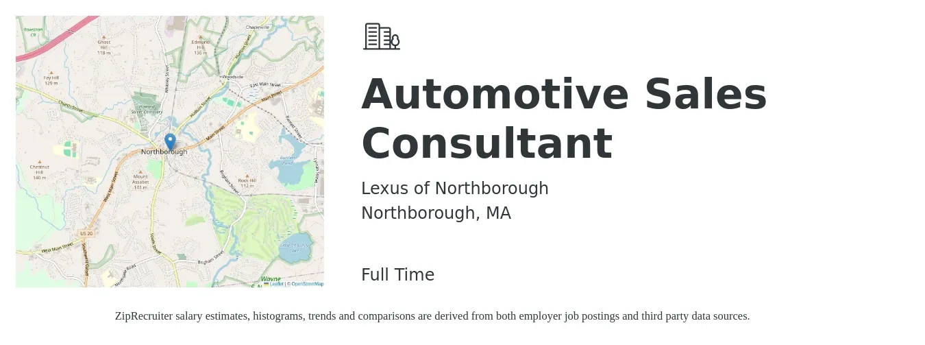 Lexus of Northborough job posting for a Automotive Sales Consultant in Northborough, MA with a salary of $42,200 to $82,400 Yearly with a map of Northborough location.