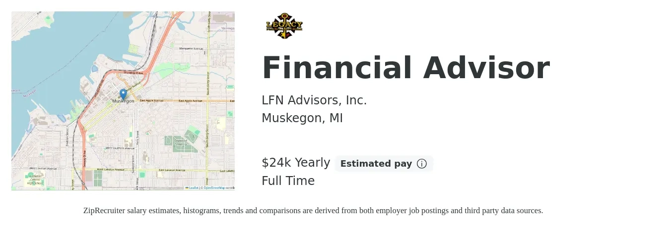 LFN Advisors, Inc. job posting for a Financial Advisor in Muskegon, MI with a salary of $24,000 Yearly (plus commission) and benefits including retirement with a map of Muskegon location.