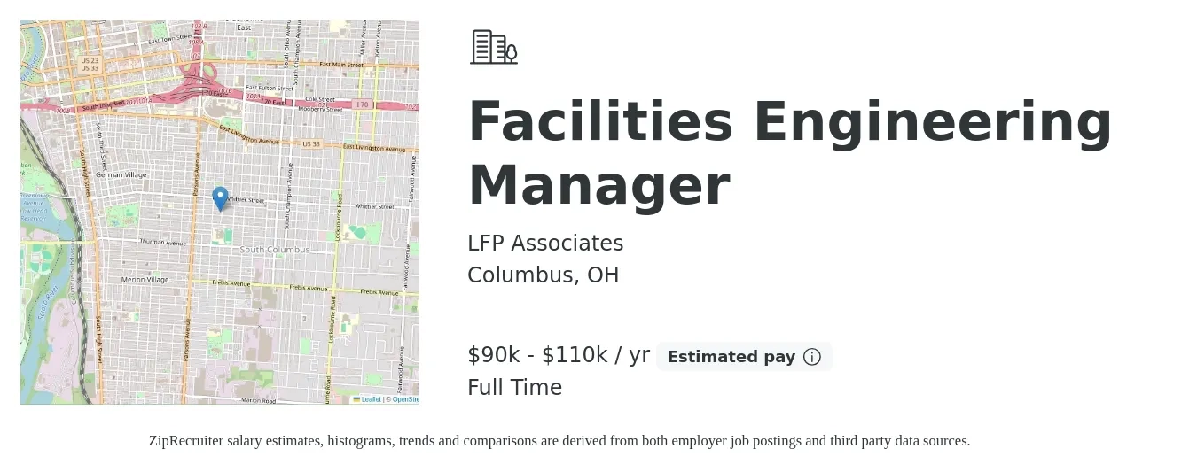 LFP Associates job posting for a Facilities Engineering Manager in Columbus, OH with a salary of $90,000 to $110,000 Yearly with a map of Columbus location.