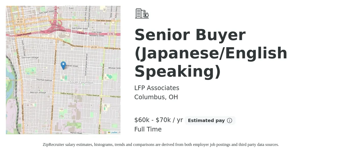 LFP Associates job posting for a Senior Buyer (Japanese/English Speaking) in Columbus, OH with a salary of $60,000 to $70,000 Yearly with a map of Columbus location.