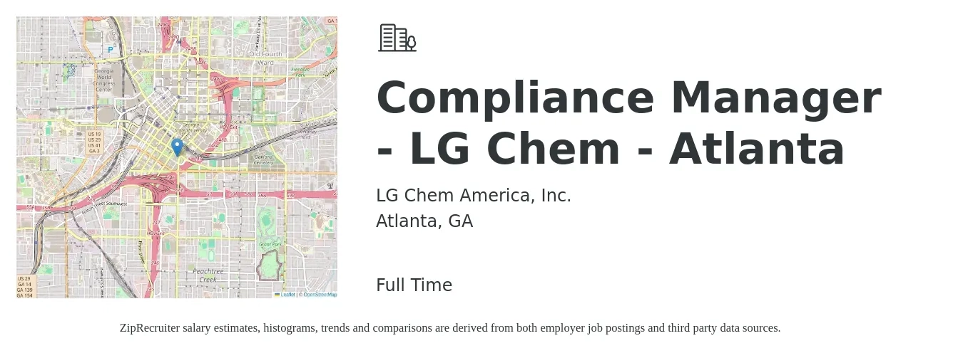 LG Chem America, Inc. job posting for a Compliance Manager - LG Chem - Atlanta in Atlanta, GA with a salary of $67,300 to $112,000 Yearly with a map of Atlanta location.