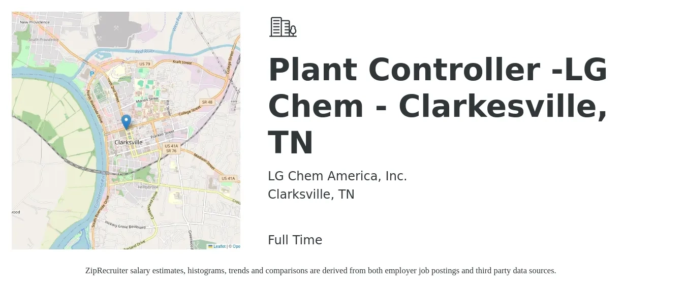 LG Chem America, Inc. job posting for a Plant Controller -LG Chem - Clarkesville, TN in Clarksville, TN with a salary of $93,000 to $115,600 Yearly with a map of Clarksville location.