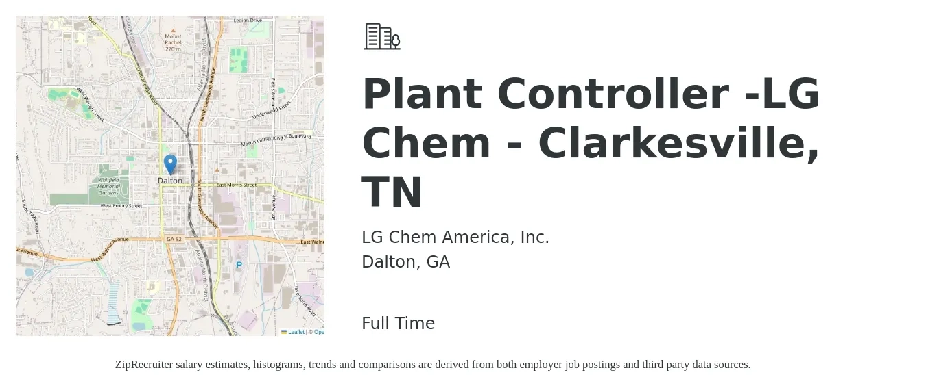 LG Chem America, Inc. job posting for a Plant Controller -LG Chem - Clarkesville, TN in Dalton, GA with a salary of $94,700 to $117,700 Yearly with a map of Dalton location.
