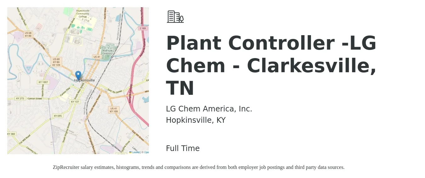 LG Chem America, Inc. job posting for a Plant Controller -LG Chem - Clarkesville, TN in Hopkinsville, KY with a salary of $90,400 to $112,400 Yearly with a map of Hopkinsville location.