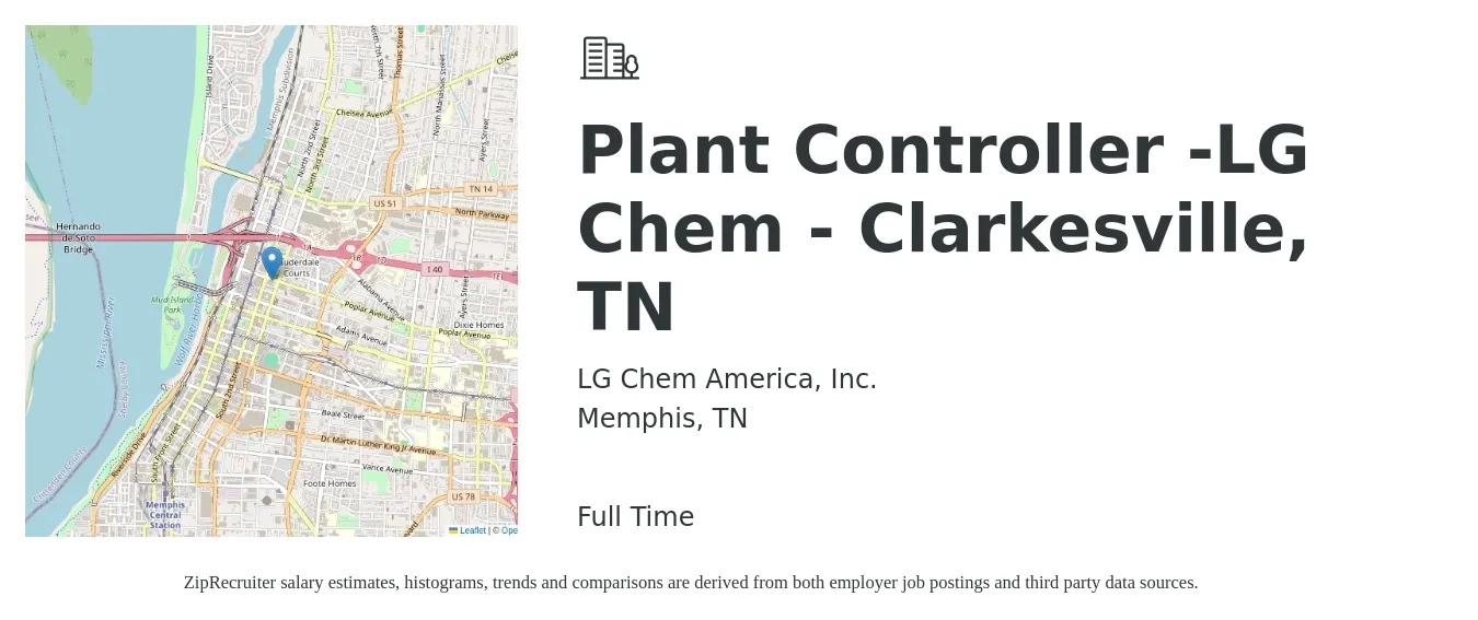 LG Chem America, Inc. job posting for a Plant Controller -LG Chem - Clarkesville, TN in Memphis, TN with a salary of $103,900 to $129,200 Yearly with a map of Memphis location.