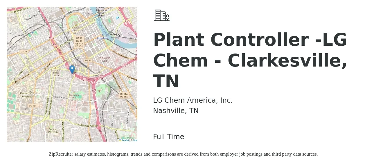 LG Chem America, Inc. job posting for a Plant Controller -LG Chem - Clarkesville, TN in Nashville, TN with a salary of $103,400 to $128,500 Yearly with a map of Nashville location.