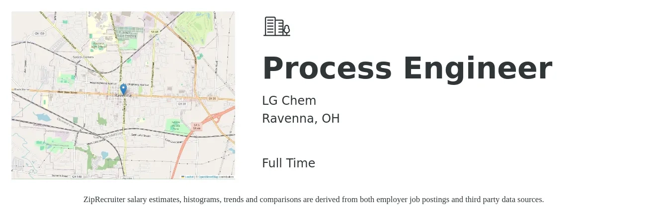 LG Chem job posting for a Process Engineer in Ravenna, OH with a salary of $68,000 to $94,000 Yearly with a map of Ravenna location.