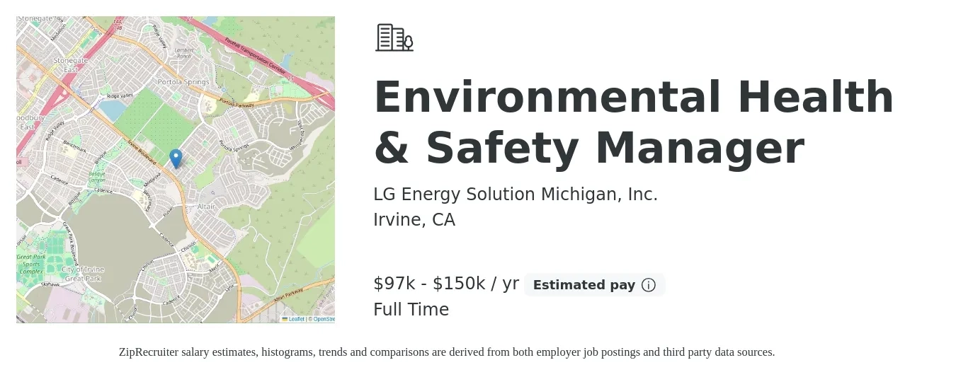 LG Energy Solution Michigan, Inc. job posting for a Environmental Health & Safety Manager in Irvine, CA with a salary of $97,000 to $150,000 Yearly with a map of Irvine location.