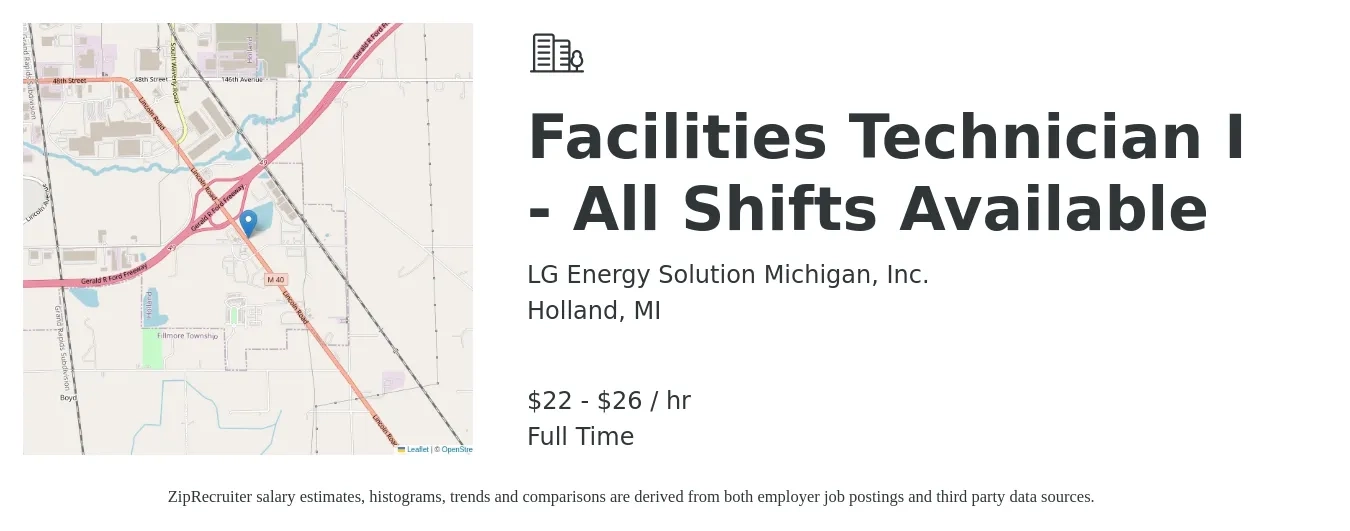 LG Energy Solution Michigan, Inc. job posting for a Facilities Technician I - All Shifts Available in Holland, MI with a salary of $23 to $28 Hourly with a map of Holland location.