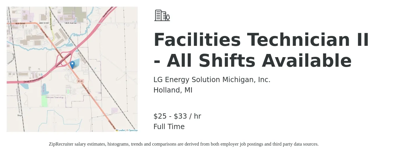 LG Energy Solution Michigan, Inc. job posting for a Facilities Technician II - All Shifts Available in Holland, MI with a salary of $27 to $35 Hourly with a map of Holland location.