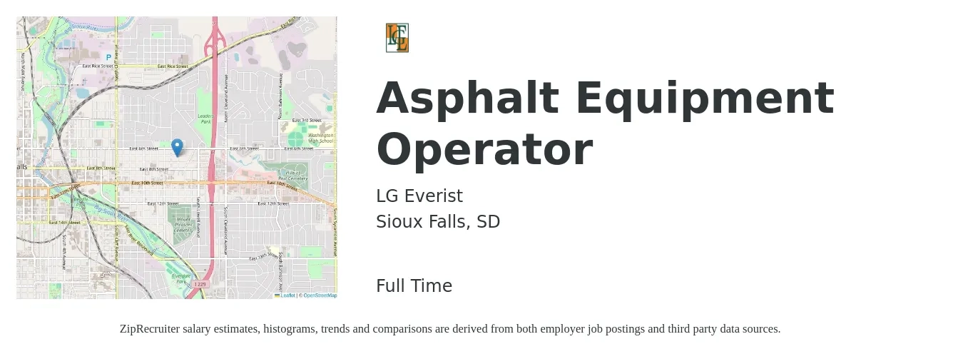 LG Everist job posting for a Asphalt Equipment Operator in Sioux Falls, SD with a salary of $22 to $28 Hourly with a map of Sioux Falls location.
