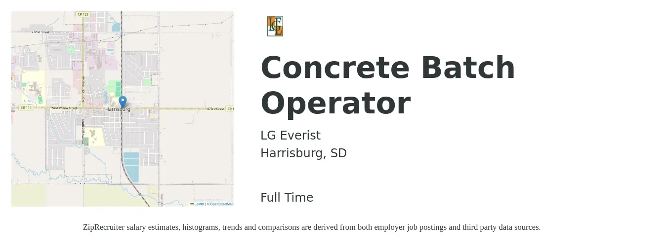 LG Everist job posting for a Concrete Batch Operator in Harrisburg, SD with a salary of $24 to $31 Hourly with a map of Harrisburg location.