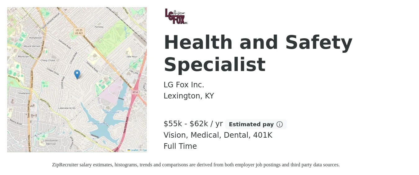 LG Fox Inc. job posting for a Health and Safety Specialist in Lexington, KY with a salary of $55,000 to $62,000 Yearly and benefits including dental, medical, vision, and 401k with a map of Lexington location.