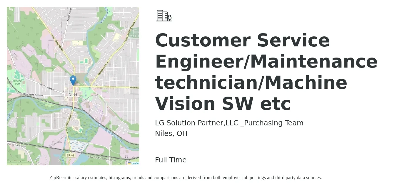LG Solution Partner,LLC _Purchasing Team job posting for a Customer Service Engineer/Maintenance technician/Machine Vision SW etc in Niles, OH with a salary of $44,800 to $68,300 Yearly with a map of Niles location.