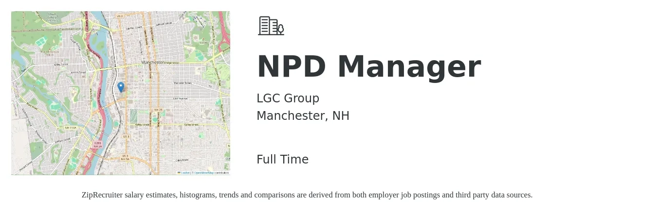 LGC Group job posting for a NPD Manager in Manchester, NH with a salary of $162,900 to $168,700 Yearly with a map of Manchester location.
