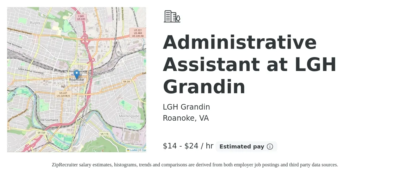 LGH Grandin job posting for a Administrative Assistant at LGH Grandin in Roanoke, VA with a salary of $15 to $25 Hourly with a map of Roanoke location.