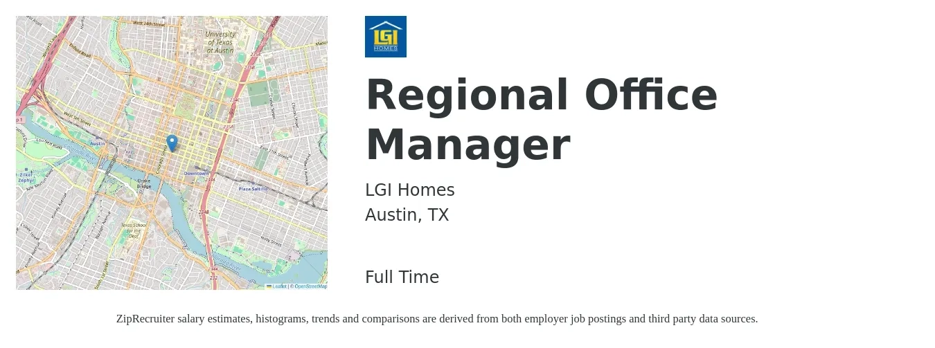 LGI Homes job posting for a Regional Office Manager in Austin, TX with a map of Austin location.