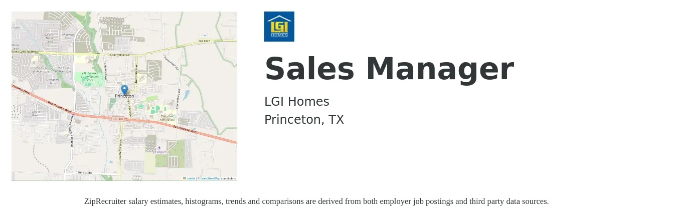 LGI Homes job posting for a Sales Manager in Princeton, TX with a salary of $39,600 to $85,000 Yearly with a map of Princeton location.