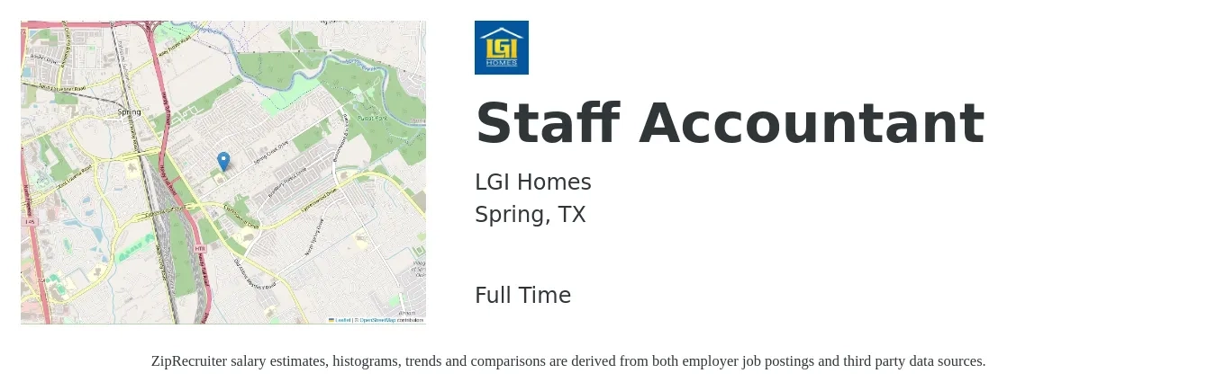 LGI Homes job posting for a Staff Accountant in Spring, TX with a salary of $50,400 to $66,400 Yearly with a map of Spring location.