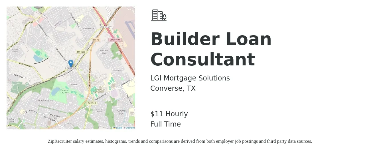 LGI Mortgage Solutions job posting for a Builder Loan Consultant in Converse, TX with a salary of $12 Hourly with a map of Converse location.