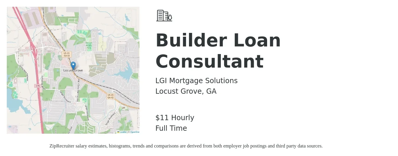 LGI Mortgage Solutions job posting for a Builder Loan Consultant in Locust Grove, GA with a salary of $12 Hourly with a map of Locust Grove location.