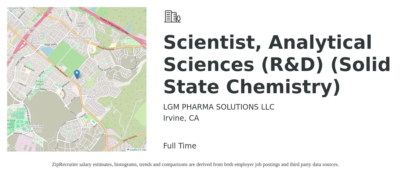 LGM PHARMA SOLUTIONS LLC job posting for a Scientist, Analytical Sciences (R&D) (Solid State Chemistry) in Irvine, CA with a salary of $90,000 to $110,000 Yearly with a map of Irvine location.