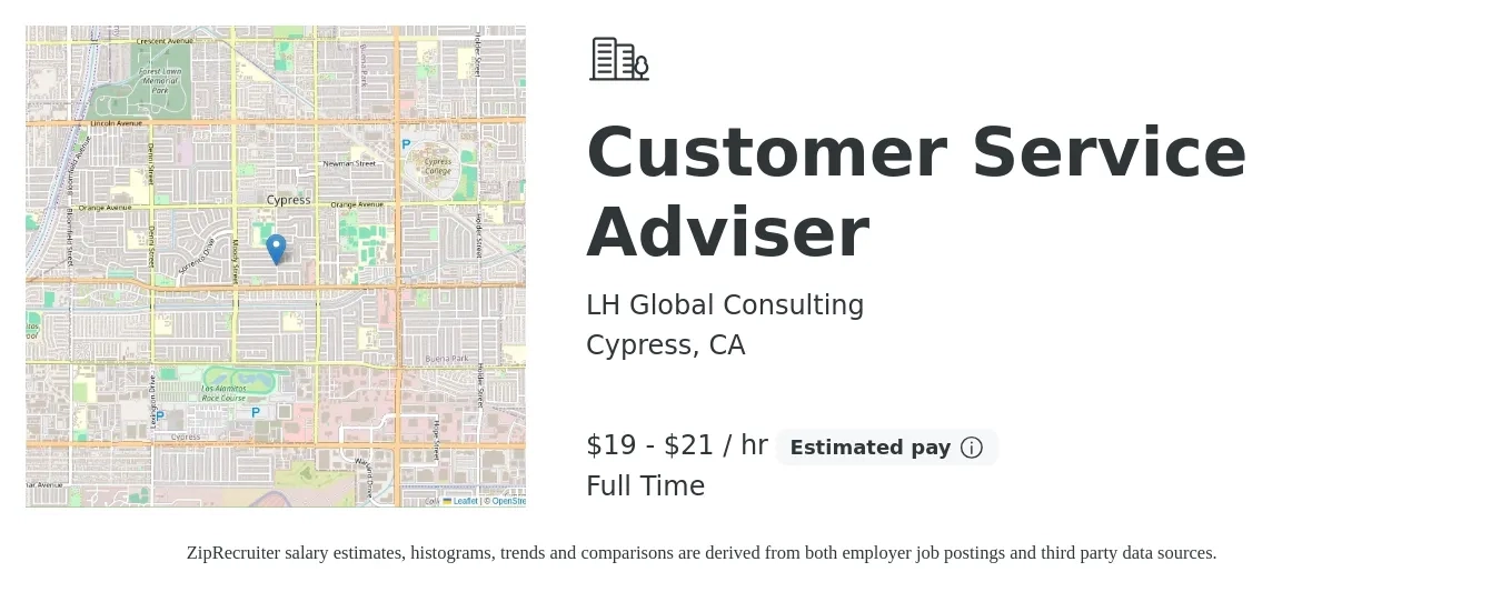 LH Global Consulting job posting for a Customer Service Adviser in Cypress, CA with a salary of $20 to $22 Hourly with a map of Cypress location.