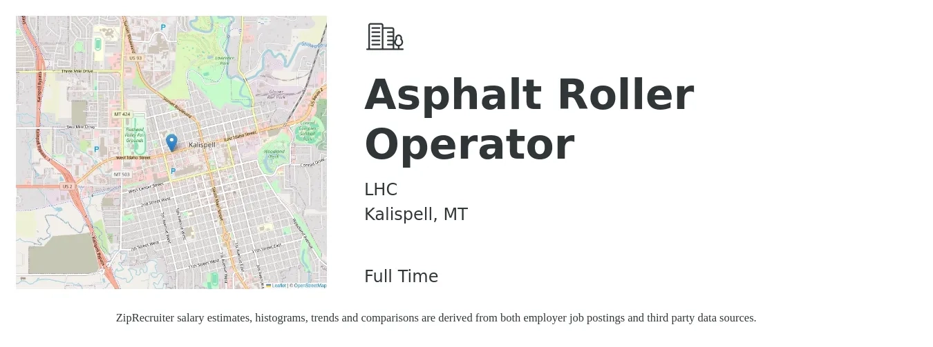 LHC job posting for a Asphalt Roller Operator in Kalispell, MT with a salary of $26 to $30 Hourly with a map of Kalispell location.