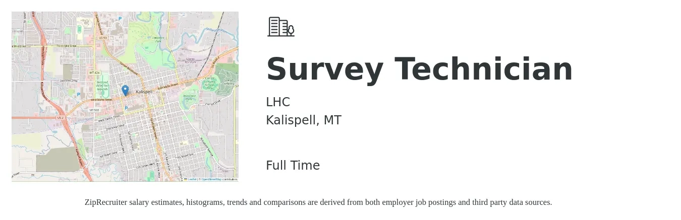 LHC job posting for a Survey Technician in Kalispell, MT with a salary of $28 to $34 Hourly with a map of Kalispell location.