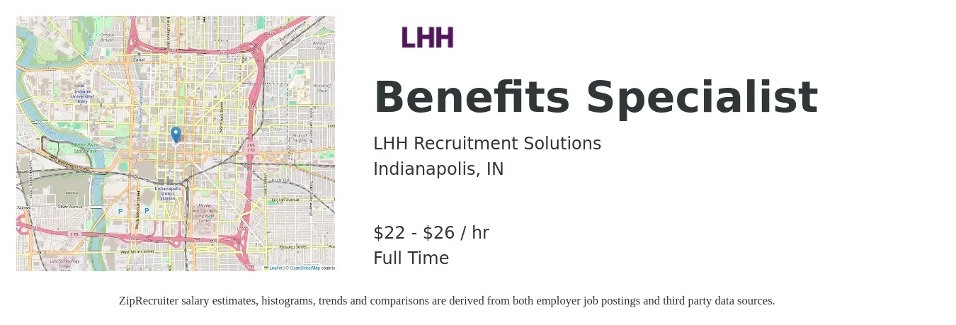 LHH Recruitment Solutions job posting for a Benefits Specialist in Indianapolis, IN with a salary of $23 to $28 Hourly with a map of Indianapolis location.
