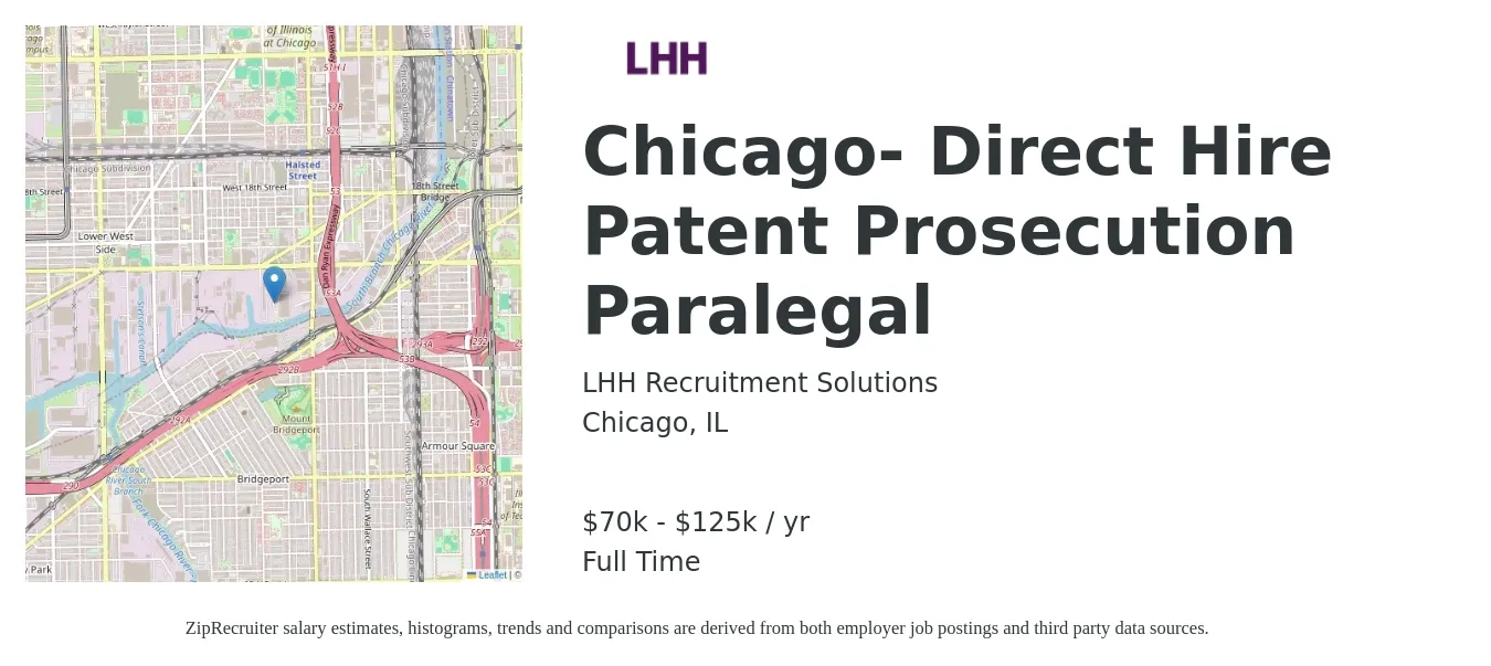 LHH Recruitment Solutions job posting for a Chicago- Direct Hire Patent Prosecution Paralegal in Chicago, IL with a salary of $70,000 to $125,000 Yearly with a map of Chicago location.