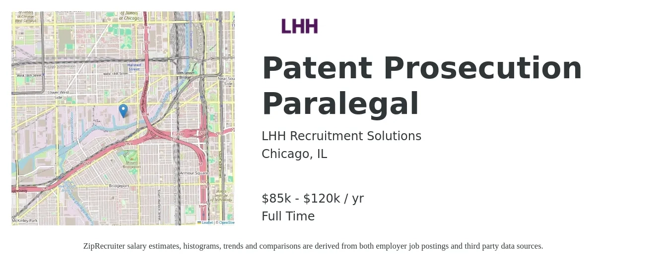 LHH Recruitment Solutions job posting for a Patent Prosecution Paralegal in Chicago, IL with a salary of $85,000 to $120,000 Yearly with a map of Chicago location.