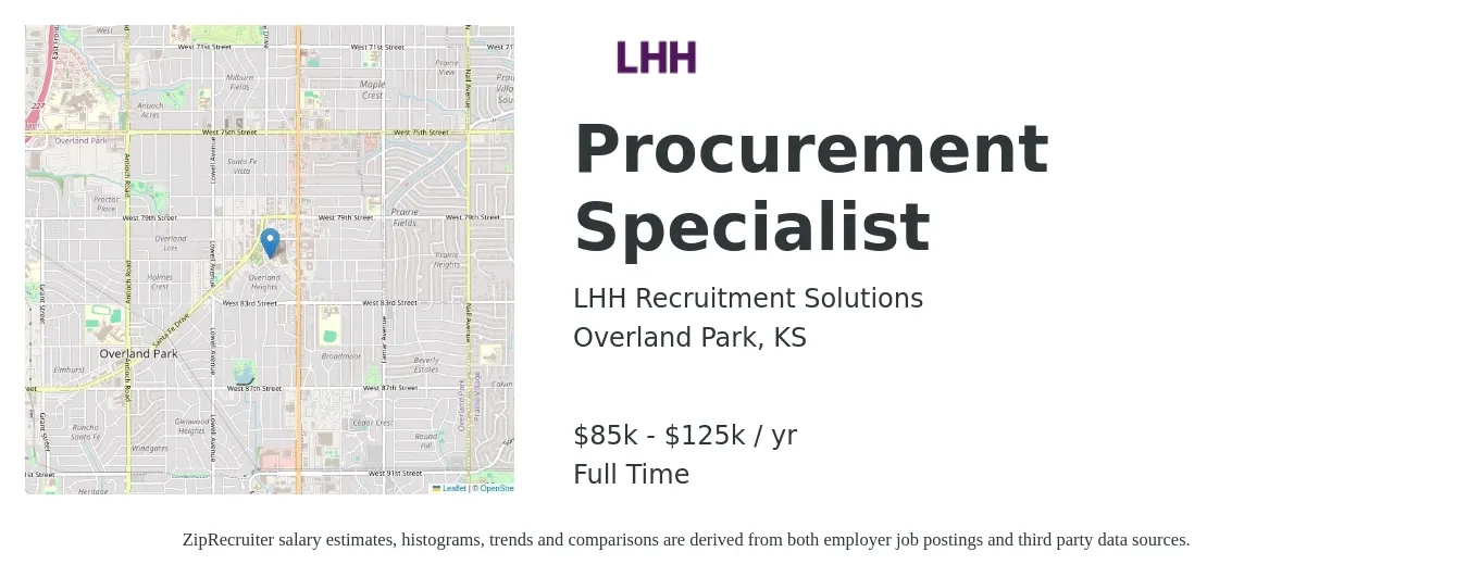 LHH Recruitment Solutions job posting for a Procurement Specialist in Overland Park, KS with a salary of $85,000 to $125,000 Yearly with a map of Overland Park location.