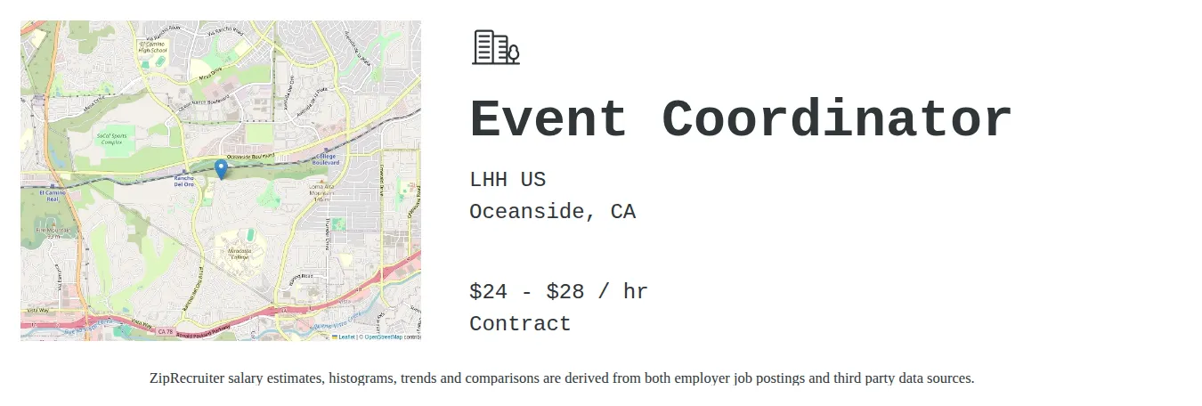 LHH US job posting for a Event Coordinator in Oceanside, CA with a salary of $25 to $30 Hourly and benefits including Medical, Vision, Dental, PTO, Life, and Retirement with a map of Oceanside location.