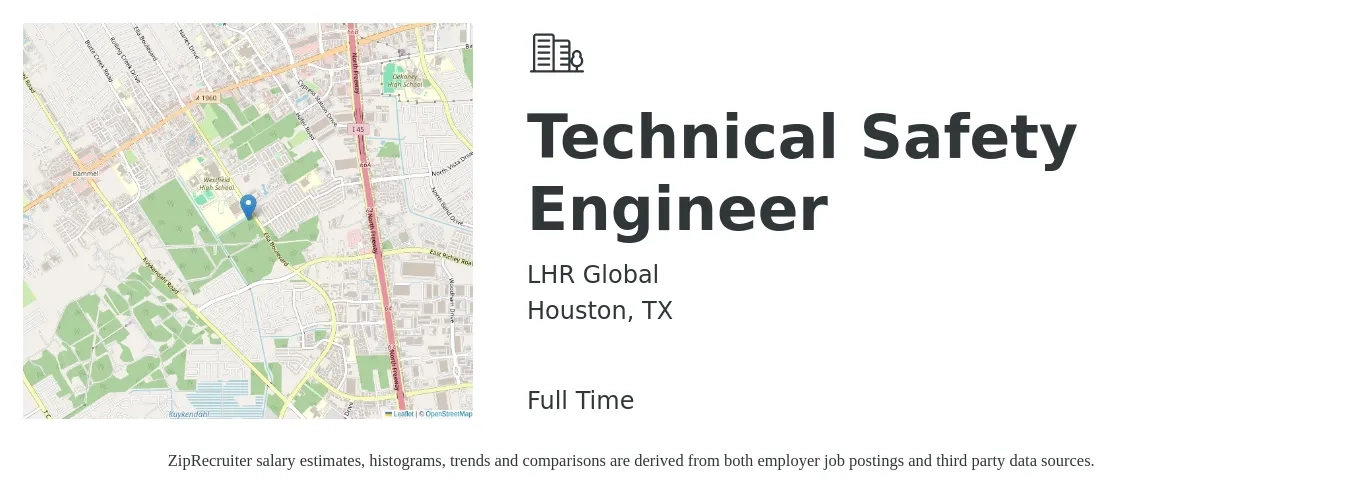 LHR Global job posting for a Technical Safety Engineer in Houston, TX with a salary of $94,500 to $136,500 Yearly with a map of Houston location.