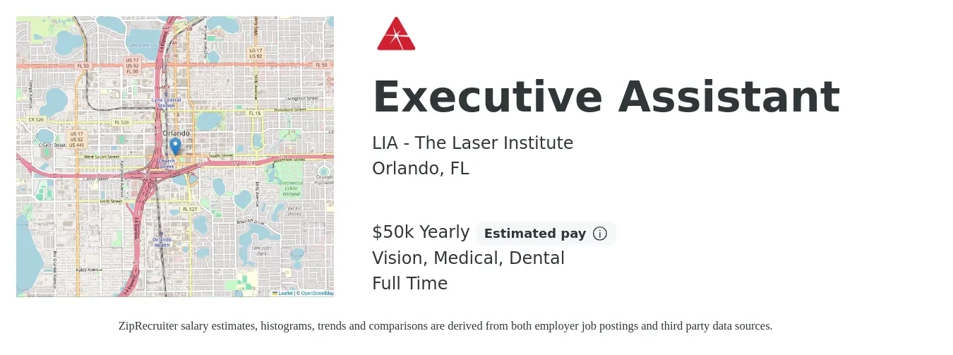 LIA - The Laser Institute job posting for a Executive Assistant in Orlando, FL with a salary of $50,000 Yearly and benefits including retirement, vision, dental, life_insurance, medical, and pto with a map of Orlando location.