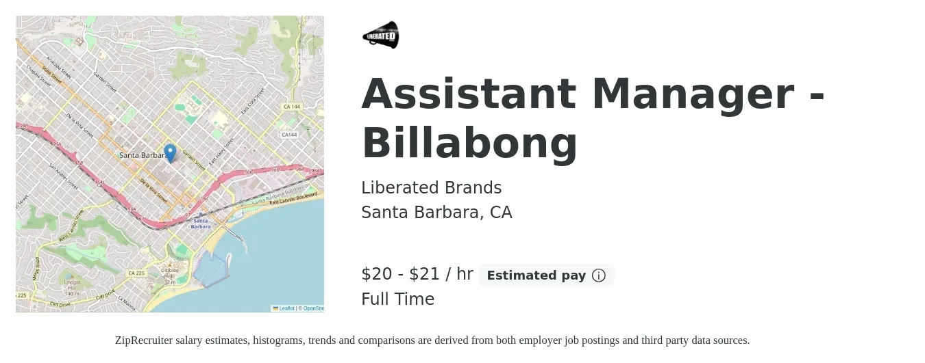 Liberated Brands job posting for a Assistant Manager - Billabong in Santa Barbara, CA with a salary of $21 to $22 Hourly with a map of Santa Barbara location.