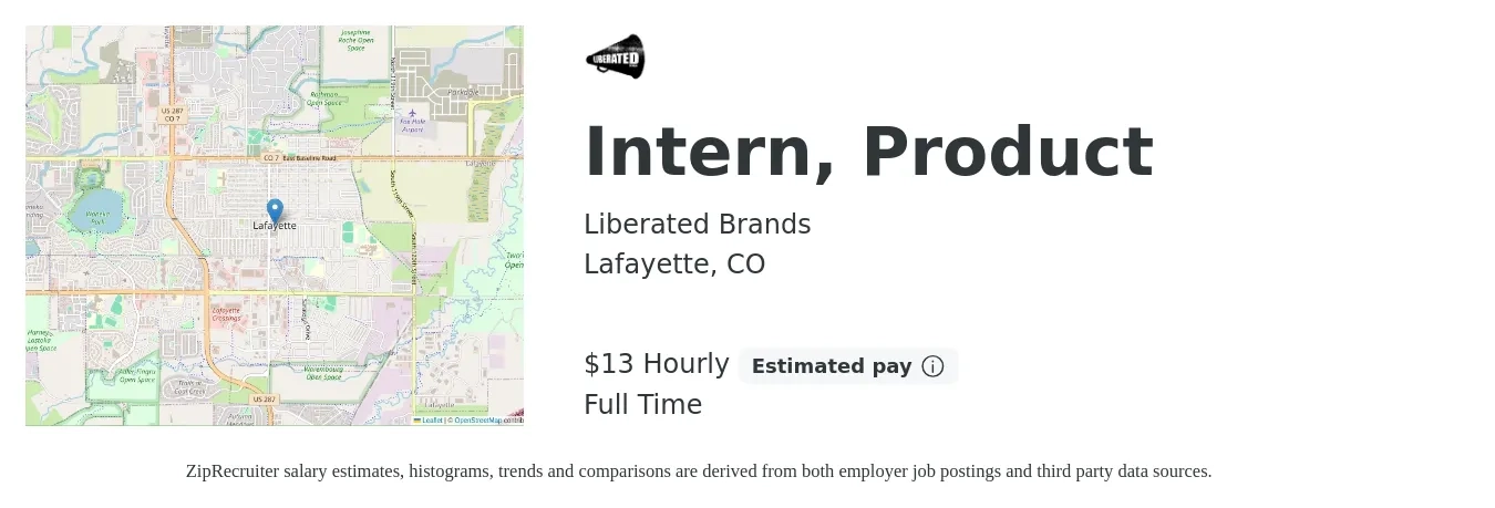 Liberated Brands job posting for a Intern, Product in Lafayette, CO with a salary of $14 Hourly with a map of Lafayette location.