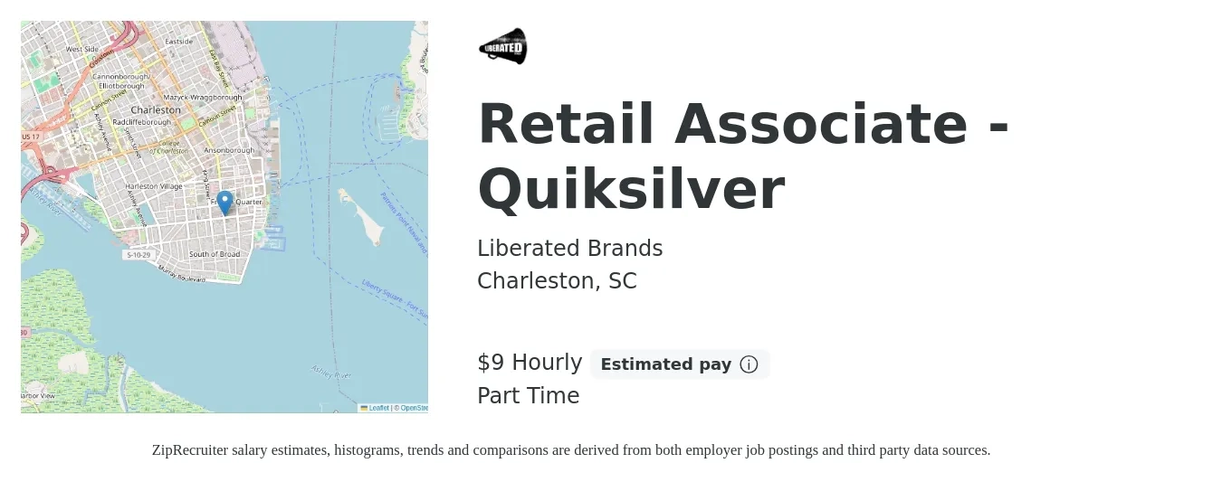 Liberated Brands job posting for a Retail Associate - Quiksilver in Charleston, SC with a salary of $10 Hourly with a map of Charleston location.