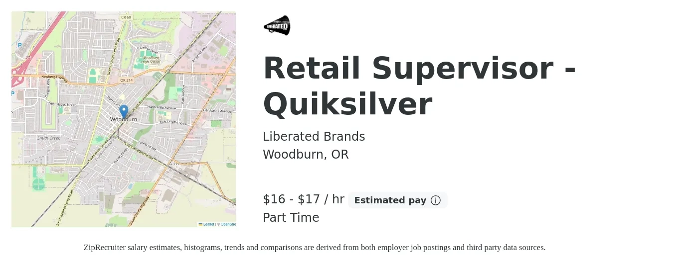 Liberated Brands job posting for a Retail Supervisor - Quiksilver in Woodburn, OR with a salary of $17 to $18 Hourly with a map of Woodburn location.