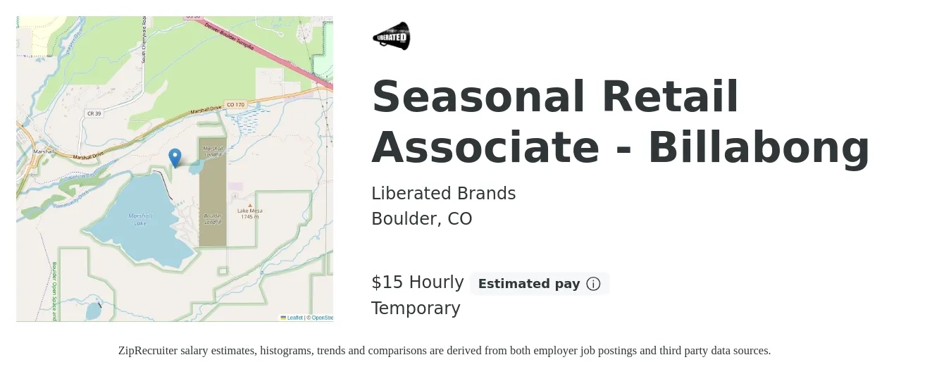 Liberated Brands job posting for a Seasonal Retail Associate - Billabong in Boulder, CO with a salary of $16 Hourly with a map of Boulder location.